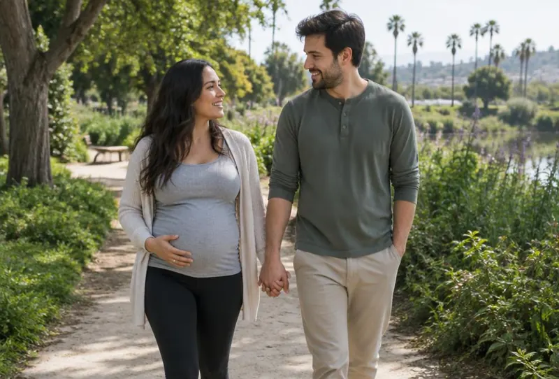 An expecting mother walking in a park with her partner